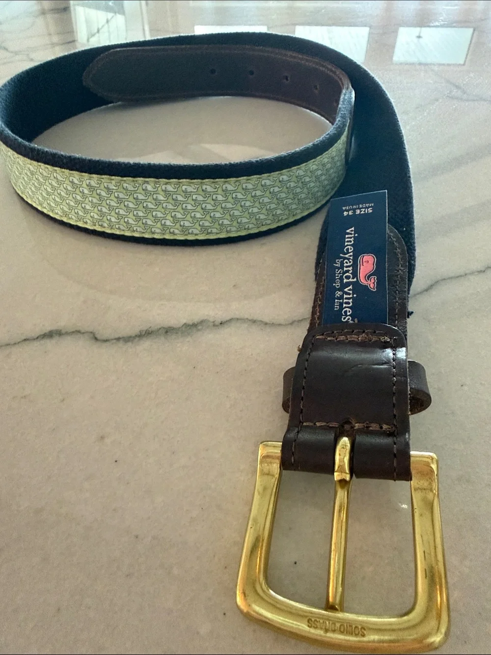 Vineyard Vines Green Whale Patterned Leather-Trim Belt for Men
